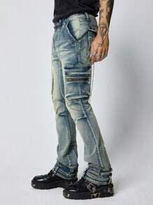 ROMWE MEN Street Life Men's Cargo Casual Front Button Pocket Layered Straight Jeans, Street Style - Medium Wash - View 3