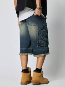 ROMWE MEN Street Life Short en jean décontracté ample avec ourlet brut et poches pour hommes - Bleu azur - Voir 5