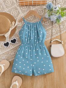 年轻女孩编织心形图案短款连体裤，腰部收紧 - 藍色 - 查看 2