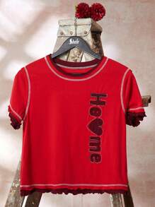 Easelle Casual Red Letter Patch Short Sleeve 2 In 1 T-Shirt - Red - View 5