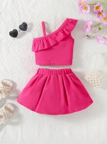 女婴荷叶边背心短款上衣和裙子 2 件套，夏季时尚