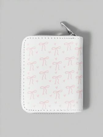 Kawaii Cartera compacta multifuncional con ranuras para tarjetas y diseño de lazo rosa para mujeres