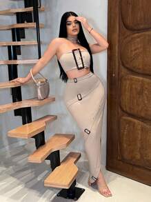 SHEIN SXY 两件套女士可调节搭扣露脐抹胸上衣和半身裙，外出套装，Y2K风格，女士套装，约会装，夏季女装，卡其色，紧身，女士两件套，性感 - 卡其色 - 查看 1