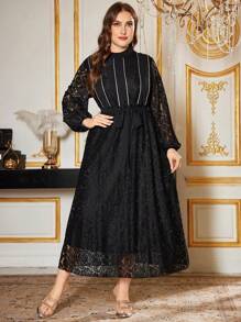 Modelyn Plus Size Elegant Floral Lace Patchwork Silver Ribbon Dress - Black - View 6