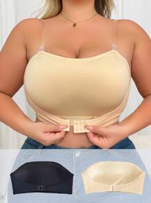 2pcs/Set Plus Size Women's Minimalist Wireless Bras, Comfortable Bralette - Multicolor - View 2