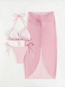 SHEIN Swim 3 件套女士夏季海滩度假性感亮片吊带上衣、纯色侧系带下装和透明网眼裙比基尼套装