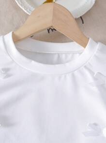 2pcs/Set Girls Teen Casual Daily Round Neck Short Sleeve Solid Color 3D Bow T-Shirt And Elastic Waist Straight Leg Colorblock Floral Trim Pants - Grey - View 7