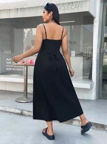 SHEIN EZwear Đầm dài chữ A dây mảnh màu đen cỡ lớn - màu đen - Xem 2