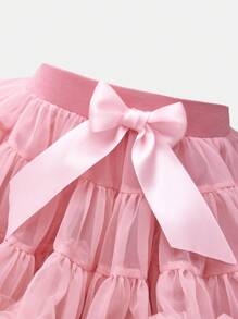 SHEIN 女婴幼儿 0-3 岁基本款奢华多层网眼蝴蝶结装饰蓬蓬蛋糕芭蕾短裙芭蕾舞裙，粉色芭蕾短裙