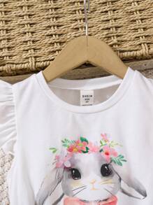 SHEIN Conjunto de top de manga corta de cuello redondo de punto y pantalones cortos con estampado floral menudo para niña joven en Pascua