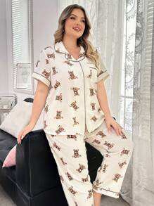 Set aus Top mit kurzen Ärmeln und Hose mit niedlichem Bären-Aufdruck - Aprikosenfarben - Übersicht 1