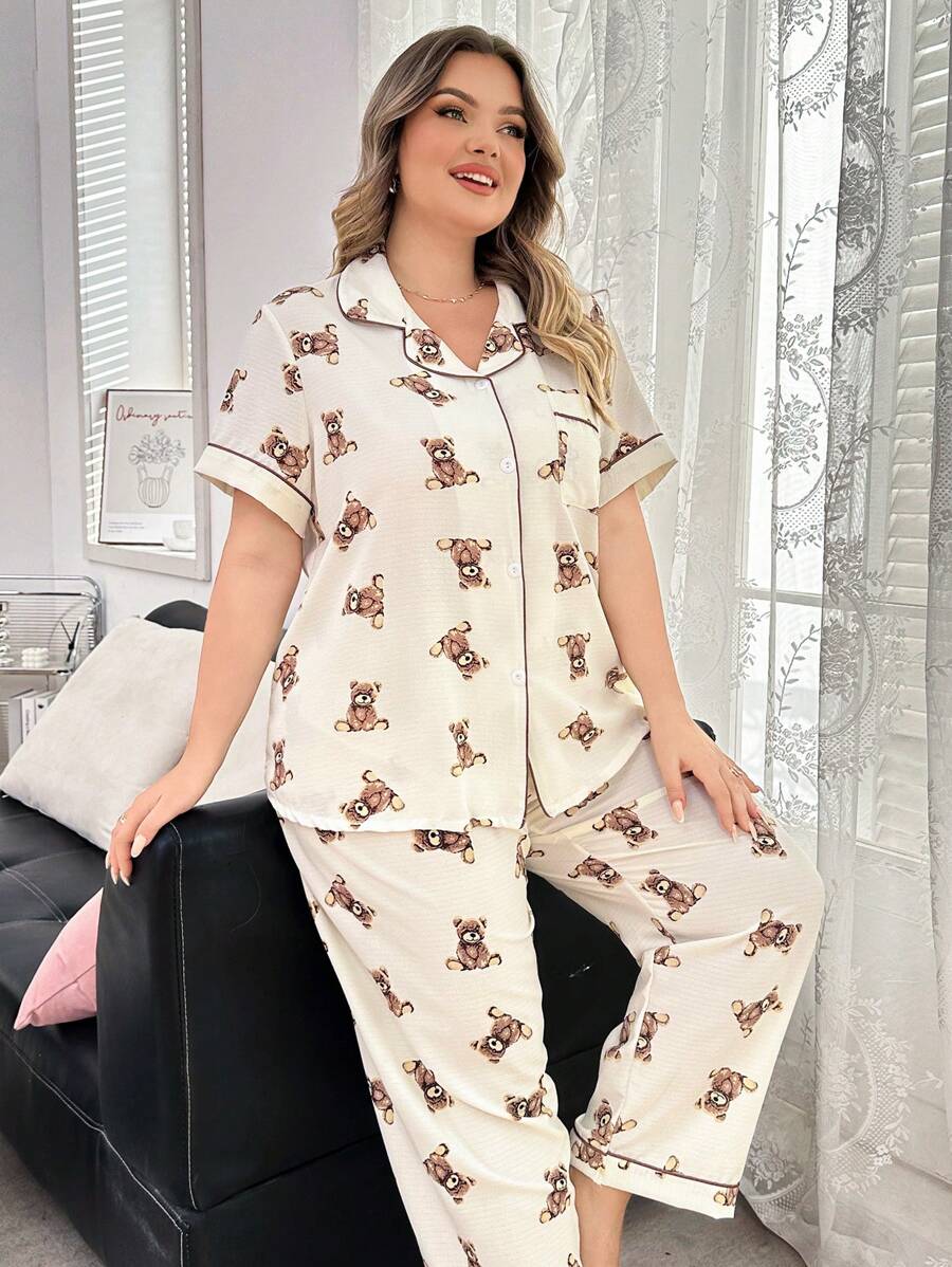 Set aus Top mit kurzen Ärmeln und Hose mit niedlichem Bären-Aufdruck - Aprikosenfarben - Übersicht 1