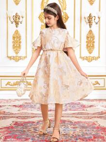 SHEIN Leap Crew Tween Girl Elegant Open Shoulder Patterned Short Sleeve Dress, Ramadan - Baby Pink - View 3