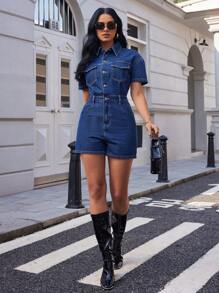 SHEIN Essnce 时尚休闲女式单排扣口袋牛仔连体裤 - 深色水洗藍 - 查看 4