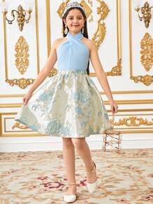 SHEIN Leap Crew Tween Girls 优雅花卉提花吊带上衣和裙子 2 件套 - 藍色 - 查看 7