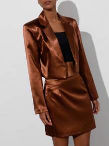 SHEIN Privé Satin Feel Minimalist Vintage Fashionable Short Deep V-Neck Fitted Blazer & Low Waist Front Slit Skirt Women 2 Pieces Suit Set Fall Cloth For Women