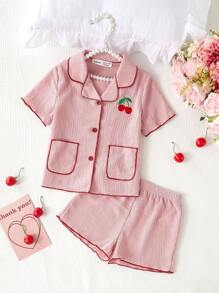 2pcs Baby & Baby Girl Casual Cherry Embroidered Short Sleeve Top And Shorts Set, Loungewear - Pink - View 1