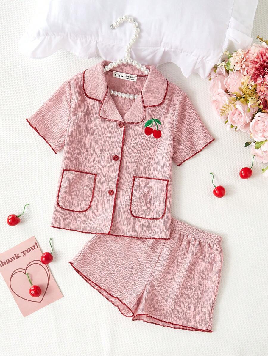 2pcs Baby & Baby Girl Casual Cherry Embroidered Short Sleeve Top And Shorts Set, Loungewear - Pink - View 1