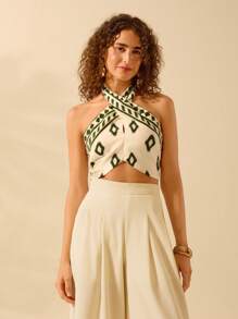 CAJUNI Áo ba lỗ cổ chữ thập in họa tiết Boho cho nữ, Áo ba lỗ đi biển thường ngày mùa hè - Nhiều màu - Xem 4