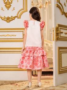 SHEIN Tween Girls Elegant Summer Party 2 Pieces Set,White And Pink Textured Floral Sleeve Crop Top & Rose Jacquard Satin A-Line Skirt Luxurious Outings - Multicolor - View 2