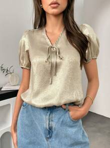SHEIN Unity 女士夏季纯色系带泡泡袖衬衫 - 金色 - 查看 5
