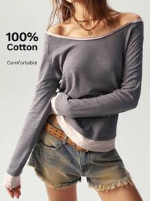 Bohemela Casual Knit Color Block Raglan Long Sleeve Fitted Regular Tee For Women - Black and White - View 1