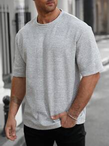 Manfinity Homme Áo thun nam tay ngắn cổ tròn màu trơn cỡ lớn thường ngày - Xám - Xem 3