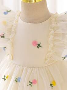 SHEIN Glamorique Kids 女婴四季刺绣装饰公主裙，盖袖收腰派对礼服，复活节 - 杏色 - 查看 7