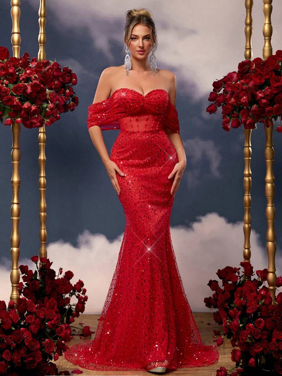 Glamrae 优雅红色奢华 3D 仿亮片露肩蝴蝶结装饰腰部网眼透视鱼尾礼服，带拖尾的婚礼宾客礼服，派对礼服，晚礼服