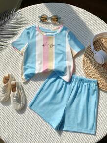 SHEIN 2pcs Baby Boys Casual Cute Raglan Loose Stripe Knit Top T-Shirt And Knit Elastic Waist Shorts 2 Pieces Outfit Set, Suitable For Spring/Summer Indoor And Outdoor Wear