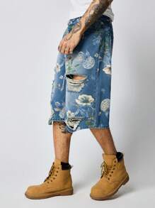 ROMWE MEN Street Life Men's Floral Print Pocket Ripped 7/8 Jeans Vacation