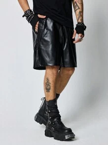 ROMWE MEN Grunge Punk Men's Solid Color Patch Pocket PU Leather Loose Shorts - Black - View 4