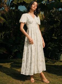 Anewsta Vestido elegante de manga larga con bordado para mujer, vestido formal, moda primaveral - Blanco - Ver 5
