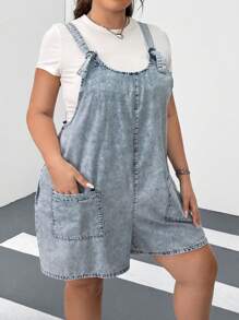 SHEIN CURVE+ Extra Plus Size Distressed Denim Jumpsuit, Suitable For Summer Vacation Boho Vacation - Blue - View 6