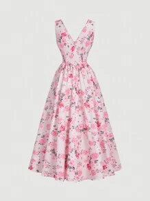 SHEIN MOD Váy hồng in hoa cổ chữ V thắt nơ eo xòe, mùa xuân, lễ hội, đêm hẹn hò, kỳ nghỉ nhiệt đới, thanh lịch, kỳ nghỉ, trang phục hoa cho phụ nữ - Hồng - Xem 2