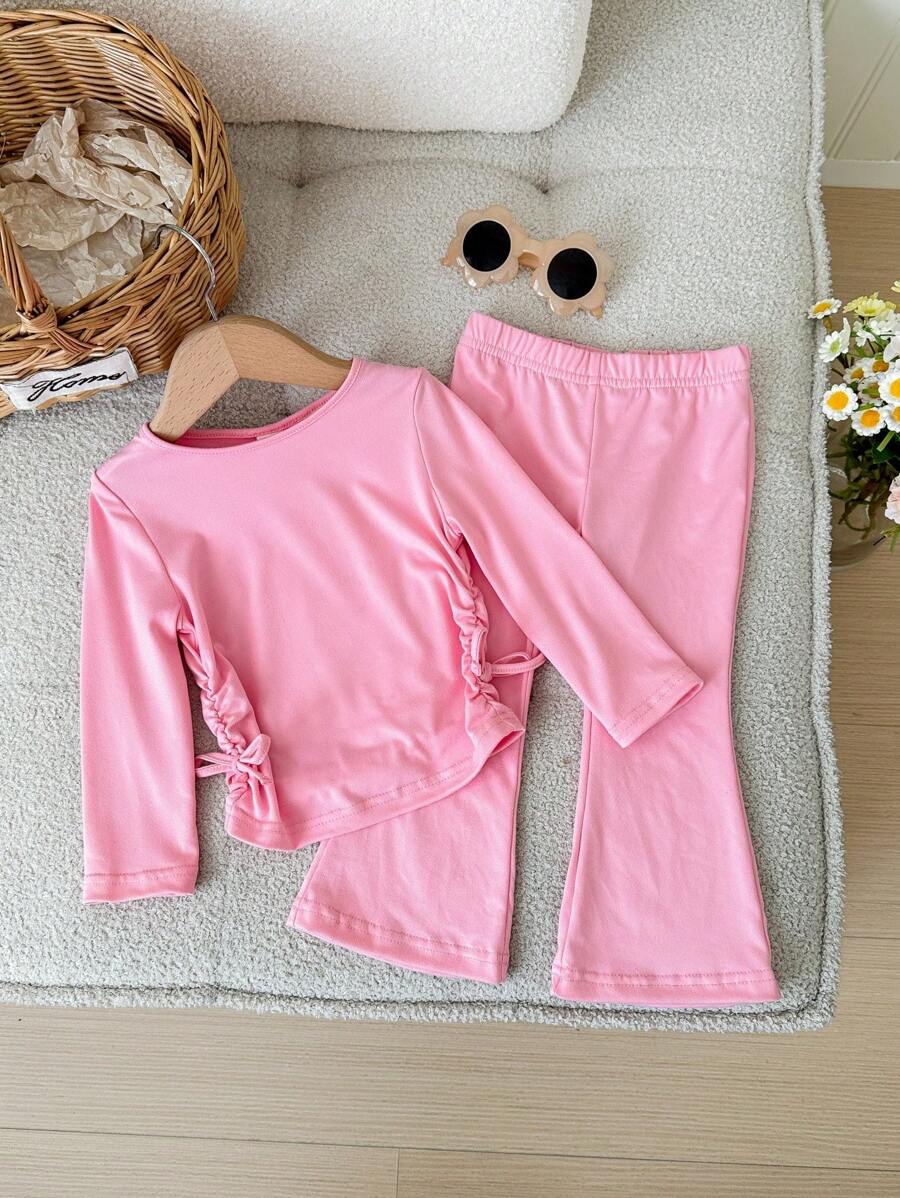 SHEIN Baby Girl Casual Floral Grey Crew Neck Ruched Long Sleeve Fitted Knit Top And Flare Pants Set, Suitable For Home Or Outdoor Wear - Pink - View 1