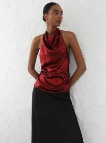 SHEIN Privé Áo cánh dự tiệc thanh lịch cho nữ, cổ tròn không tay thiết kế vai bất đối xứng, áo sơ mi thường ngày ánh kim - Đỏ - Xem 1