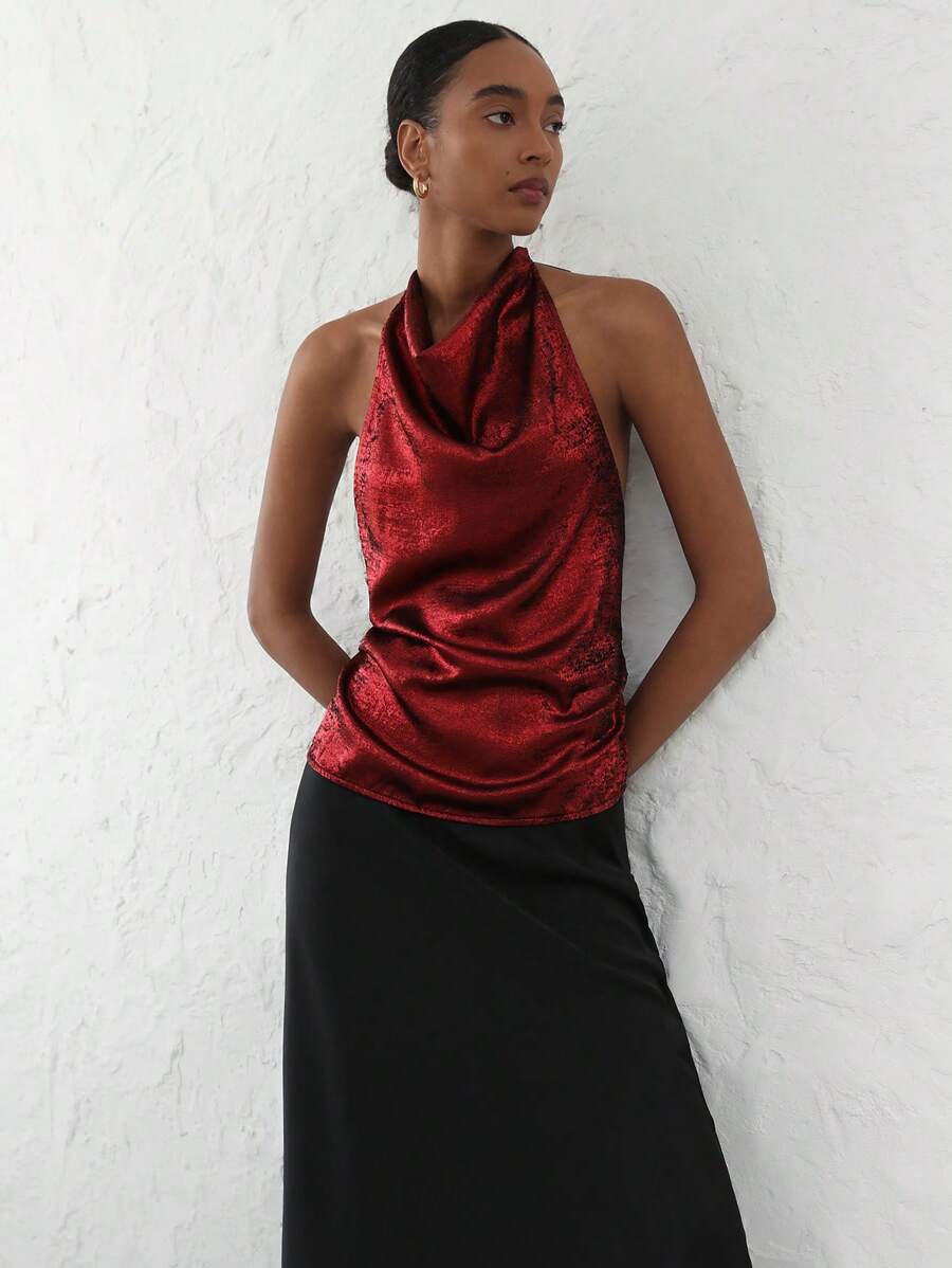 SHEIN Privé Áo cánh dự tiệc thanh lịch cho nữ, cổ tròn không tay thiết kế vai bất đối xứng, áo sơ mi thường ngày ánh kim - Đỏ - Xem 1