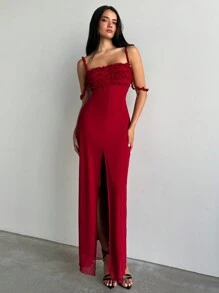 Aloruh 女士优雅纯色酒红色复古性感荷叶边细肩带连衣裙，适合约会、下午茶、舞会、派对、情人节、情人节服装、女士连衣裙、优雅连衣裙、女士节日服装、女士夏季服装、女士红色连衣裙、女士生日连衣裙 - 紅色 - 查看 3