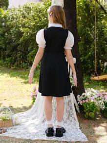 WESTFADE Young Tween Girls' Black Cinched Waist Hollow Mesh Puff Sleeve Bowknot Elegant Sweet Style Dressesholiday,Summer,Travel,Getaway