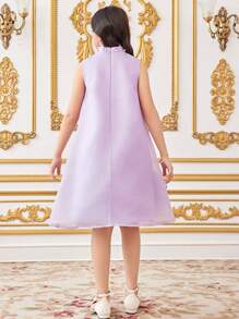 SHEIN Leap Crew Tween Girls Stand Collar Beaded 3D Floral Mesh Sleeveless A-Line Dress, Purple - Purple - View 2