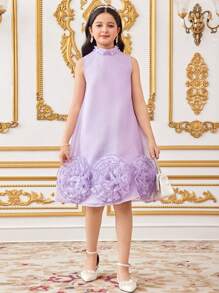 SHEIN Leap Crew Tween Girls Stand Collar Beaded 3D Floral Mesh Sleeveless A-Line Dress, Purple - Purple - View 6