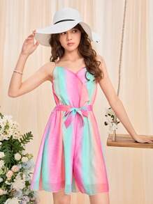 SHEIN Teen Girls Ombre Mesh Overlay Cami Romper - Multicolor - View 6