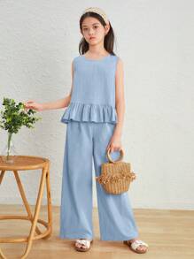 SHEIN Tween Girls Loose Casual Cap Sleeve Crew Neck Top And Pants 2 Pieces Set - Baby Blue - View 3