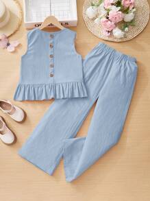 SHEIN Tween Girls Loose Casual Cap Sleeve Crew Neck Top And Pants 2 Pieces Set - Baby Blue - View 6