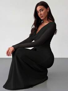 Aloruh 紧身低胸垂坠领长袖网眼杏色连衣裙，适合约会和场合的浪漫装扮