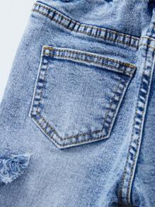 SHEIN Young Girls' Distressed Star Embroidered High Elasticity Flare Jeans With Ruffled Hem, Comfortable Cute Daily Wear, Light Wash Blue - Light Wash - View 8