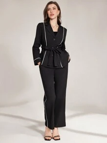 Modelyn White Striped Contrast Color Tie Waist Blazer And Trousers Suit Fall Cloth For Women - Black and White - View 7