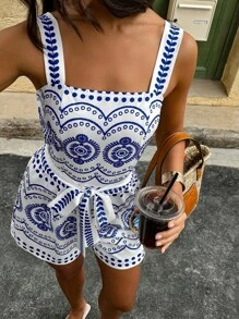 Selianne 花卉印花度假风格女式连体衣 - 藍白色 - 查看 1