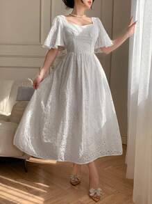 DAZY 女士方领荷叶边袖褶饰中长连衣裙